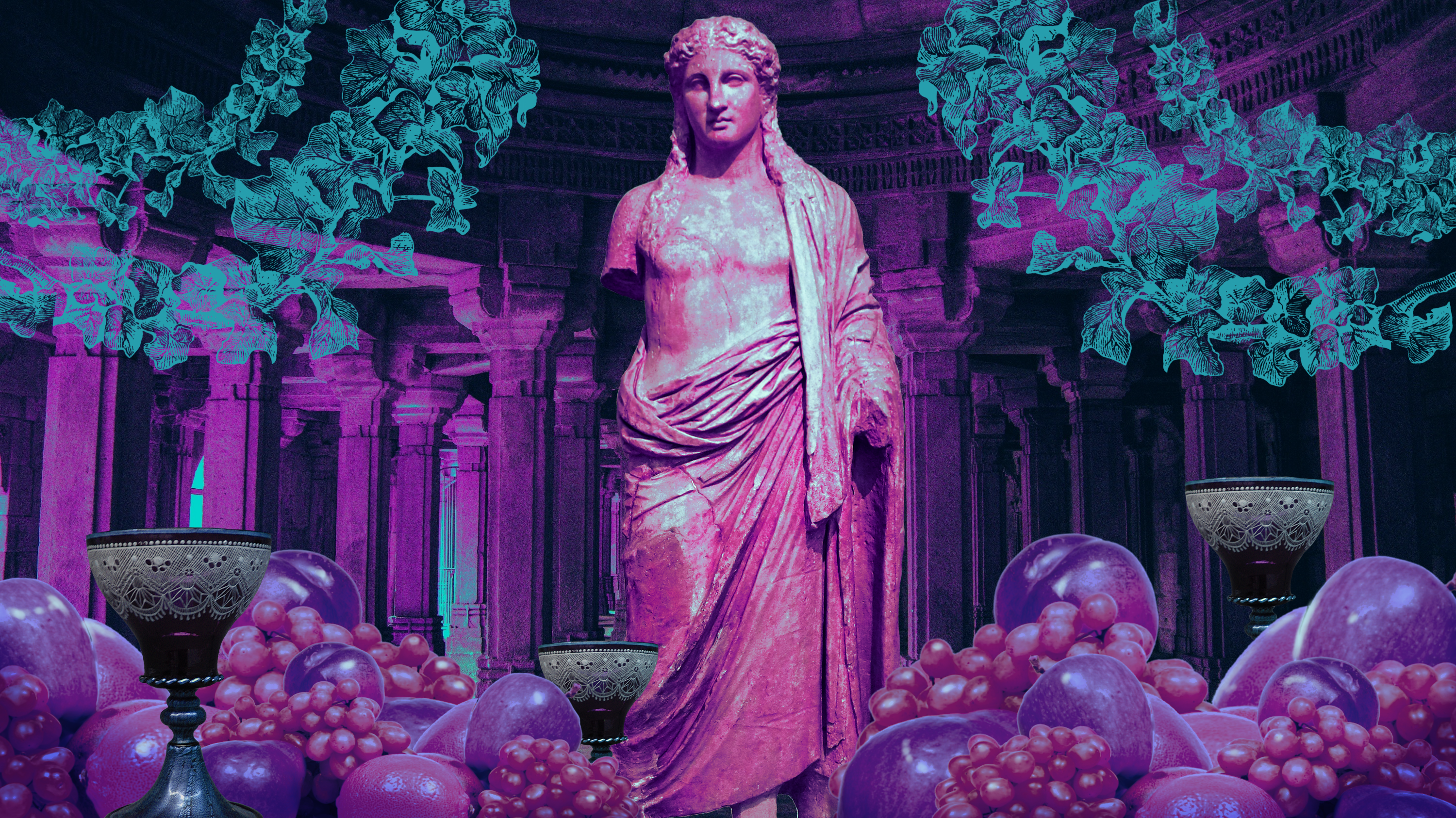 My virtual altar, which depicts the interior of a temple, a statue of Dionysus, an abundance of fruits and grapes as well as wine goblets, and strings of ivy.